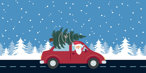 santa drive with red car and christmas tree in snowy winter landscape vector illustration