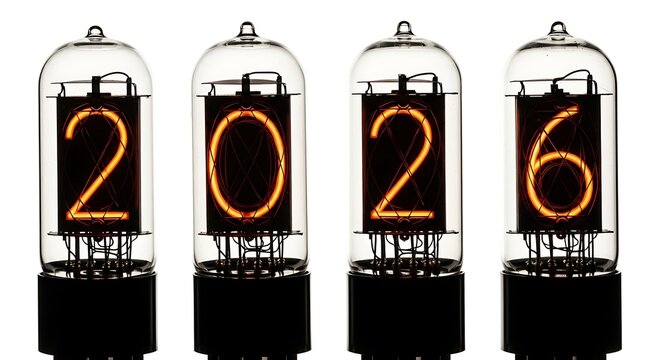 Four glowing nixie tubes displaying the year 2026 silhouette