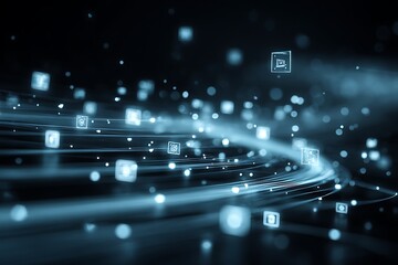 Dynamic digital data flow with glowing icons representing technology and innovation concepts