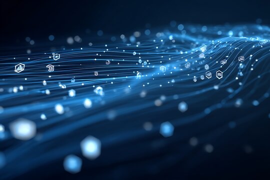 Dynamic digital data streams with glowing nodes representing innovation, technology & progress
