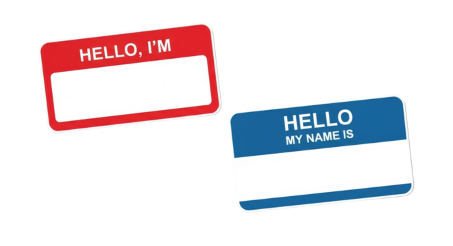 Blank name tag stickers isolated on transparent background, red and blue "Hello My Name Is" labels for events, meetings, and introductions
