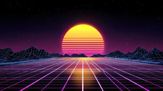 Immerse yourself in a vibrant retro-futuristic landscape with a glowing sunset over wireframe mountains and a digital grid stretching to the horizon, evoking nostalgia and digital exploration.