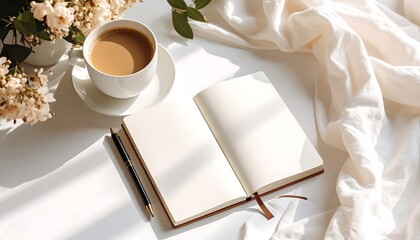 Cozy coffee break, open notebook