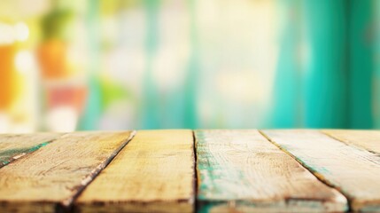 Wooden tabletop in a bright cafe setting during a sunny day