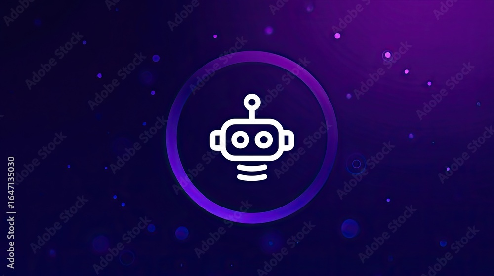 Poster futuristic robot icon glowing with vibrant purple light inside a circular frame, set against a dark,