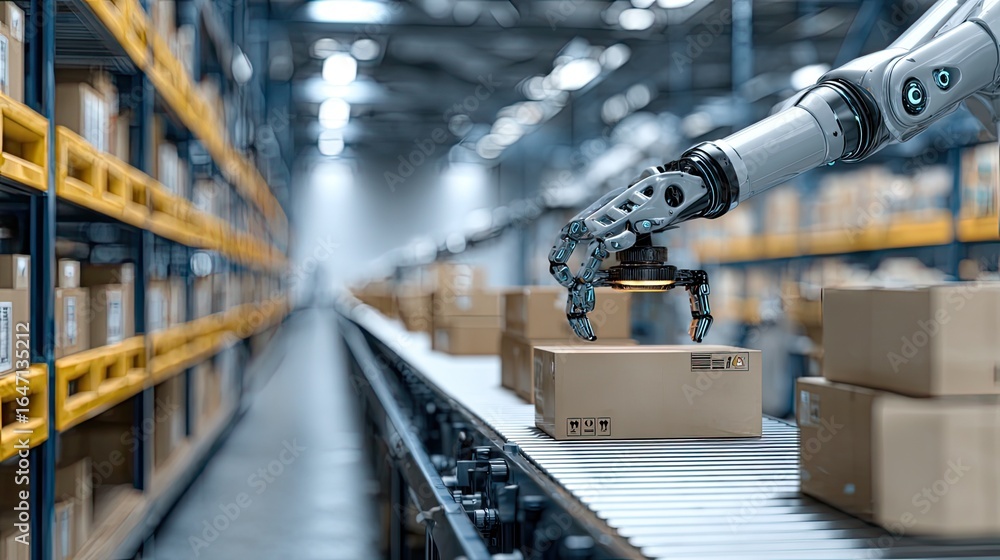 Poster advanced robotic arm meticulously sorts packages on a high-tech automated conveyor belt within a vas