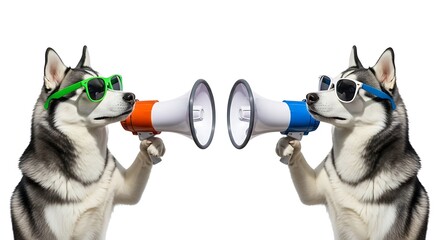 Two Huskies in Sunglasses Announce News with Megaphones