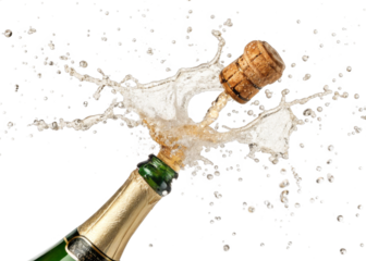 champagne cork popping with splash isolated on a transparent background.	