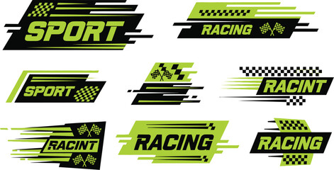 Dynamic racing sport logos with checkered flags and speed lines