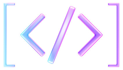 Minimal 3D glass style icon in purple and blue, featuring code brackets and slashes. Represents programming, software development, web design, and digital technology
