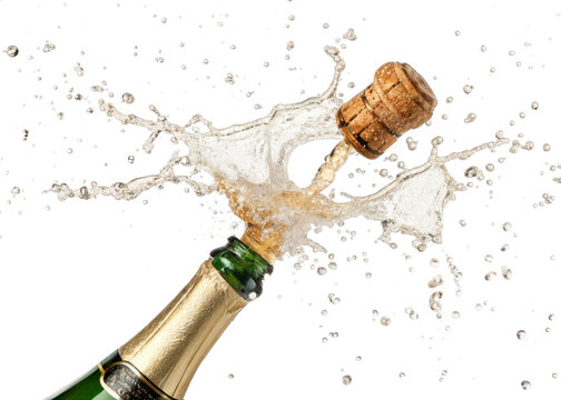 champagne cork popping with splash isolated on a transparent background.	