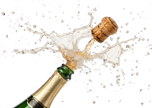 champagne cork popping with splash isolated on a transparent background.	