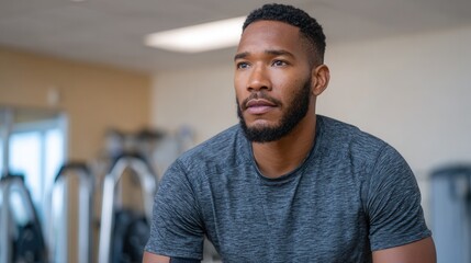 A young man sits in a gym, reflecting on his fitness goals. The atmosphere is motivational and energetic, ideal for health and wellness themes.
