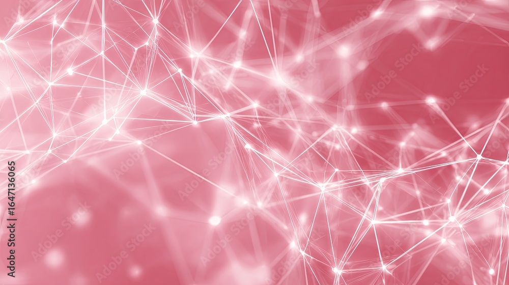 Poster dynamic network of glowing white nodes and lines against a soft pink abstract background, suggesting