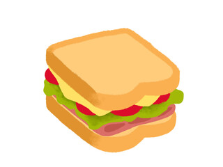 Illustration of a sandwich with sliced bread, cheese, ham, lettuce, and tomato in layers.