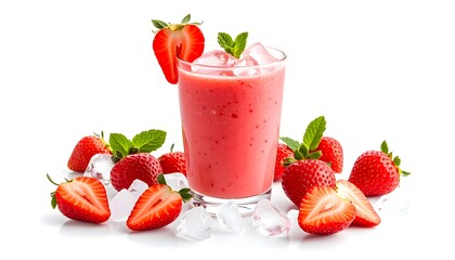 Strawberry Smoothie in Clear Glass with Fresh Strawberries and Mint on White Background