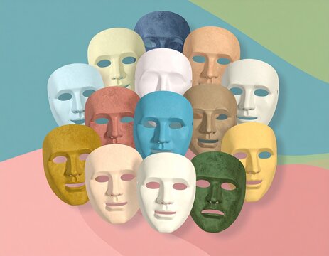 A compelling visual arrangement of diverse colored faceless masks, symbolizing the multifaceted layers of human identity, collective emotions, and individual expression within society