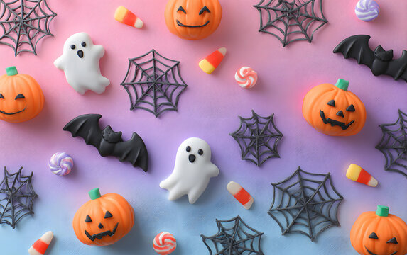A playful wallpaper and background Creative Halloween Flat Lay with Pumpkins, Ghosts, Bats, Spider Webs, and Candy on a Gradient Background