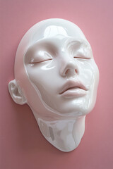 Glossy white mannequin face with closed eyes against pastel pink background, creating a surreal, futuristic and minimalist aesthetic with beauty and design appeal.