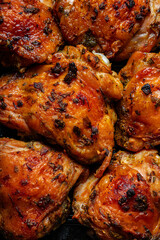 Baked chicken thighs on a cast iron grill pan with a crispy crust