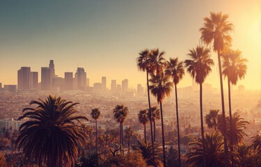 Obraz premium Golden hour city skyline, palm trees