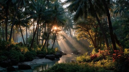 Sunbeams pierce through the dense canopy of a tropical forest, illuminating a gentle stream below with ethereal light