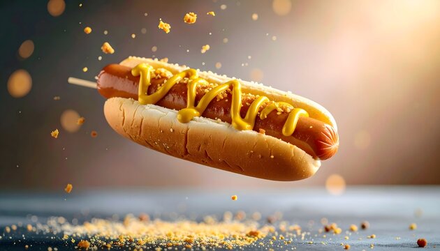 Hot Dog with Mustard in Midair with Falling Crumbs and Bokeh Background - Powered by Adobe