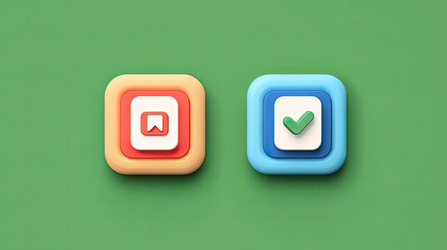 Modern 3D interface icons for saving and completion, showcasing a clean, minimalist design with vibrant pastel colors against a soft green backdrop, ideal for apps and websites