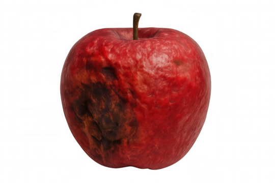Red apple decaying and rotting over time, isolated on transparent background, perfect for concepts about food waste or passing of time