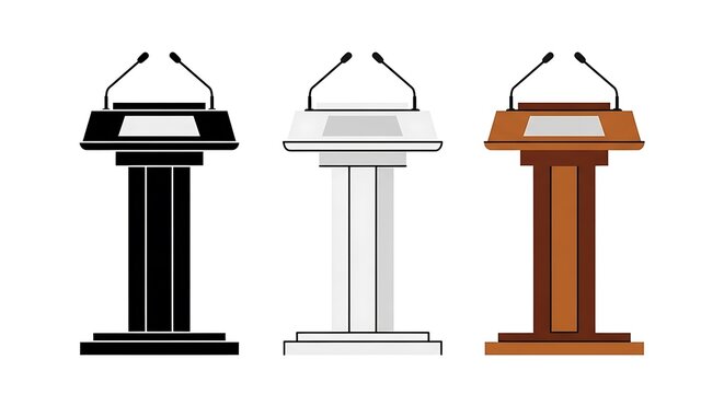 Photo of three podiums in black, white, and brown isolated on white background