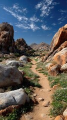 Desert trail winds through rocky canyon under a bright sky