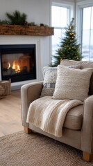 Fototapeta premium A warm and inviting living room featuring a comfortable armchair, a cozy blanket, and a beautifully decorated Christmas tree by the fireplace.