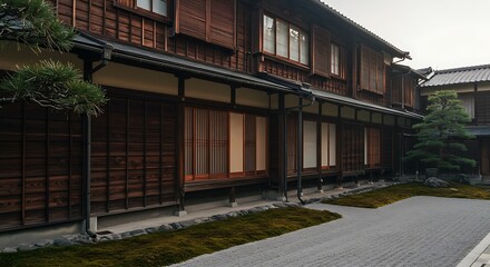 Fototapeta premium Wooden townhouse showcasing unique craftsmanship in Japan showcasing modern elegance