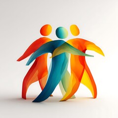 Three abstract human figures in vibrant colors blue orange and yellow symbolizing teamwork and community isolated on white background