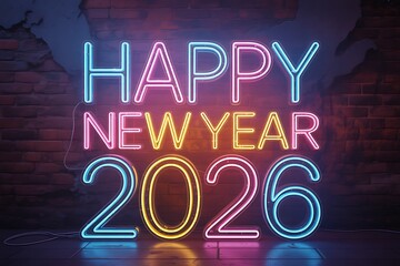 Vibrant neon sign declares Happy New Year 2026 glowing on a rustic brick wall, perfect for festive celebrations and modern event promotion.