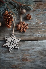 Christmas ornaments, pine boughs, rustic wood