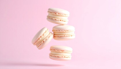 Fototapeta premium Pink Background White Macarons Floating in Midair with Soft Shadows
