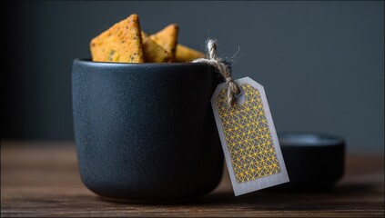 Dark gray ceramic bowl filled with triangular crackers, a small tag, and subtle lighting
