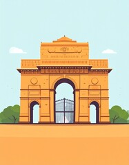 Naklejka premium Illustration of the India Gate monument in New Delhi, featuring its iconic arch and surrounding landscape under a bright blue sky.