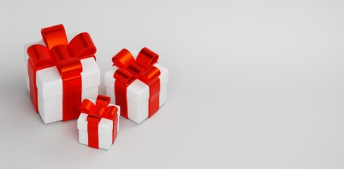 3d render realistic white gift boxes with red ribbon bow in different angle isolated on background....