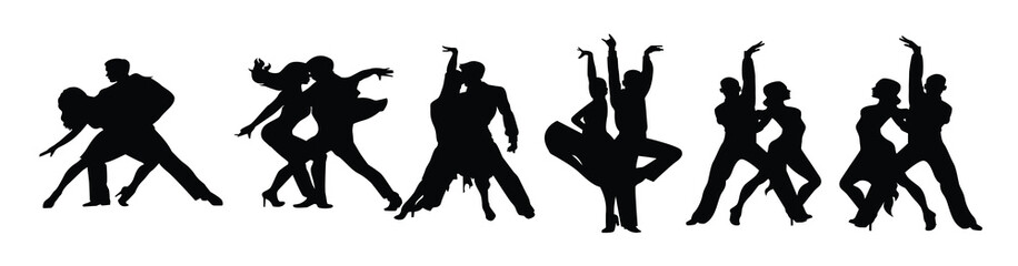 Couple of ballroom dancers set. Woman and man dancing. Vector silhouettes of dancers. Isolated illustration.