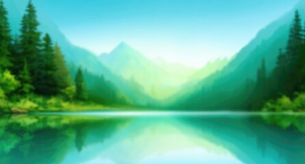 Blurry, serene mountain lake scene