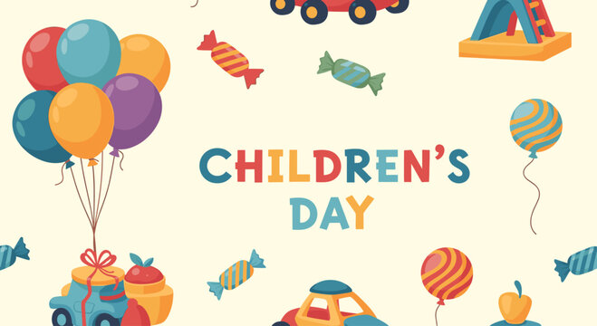 Colorful children's day illustration with toys and balloons