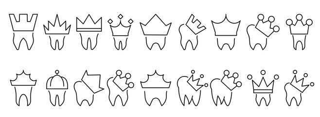 Dental Crown Line Icon Set. Outline Signs for Graphic and Web Design, Apps, Adverts, Various Cards