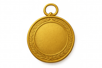 Gold medal with laurel wreath and transparent background representing achievement, victory and success