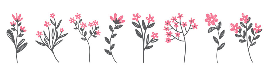 hand drawn vector illustration set of pink flowers on white