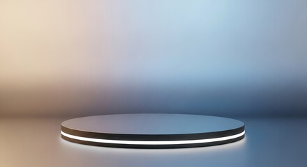 Photo of illuminated round podium on a blurred background for product presentation