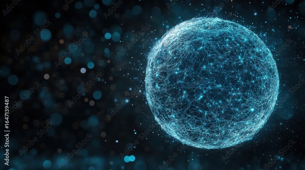 Poster digital representation of a glowing spherical network with glowing connections