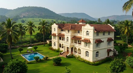 Colonial villa in scenic surroundings in India showcasing modern elegance