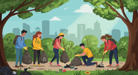 Four people clean up litter in a park, collecting trash into recycling bags.